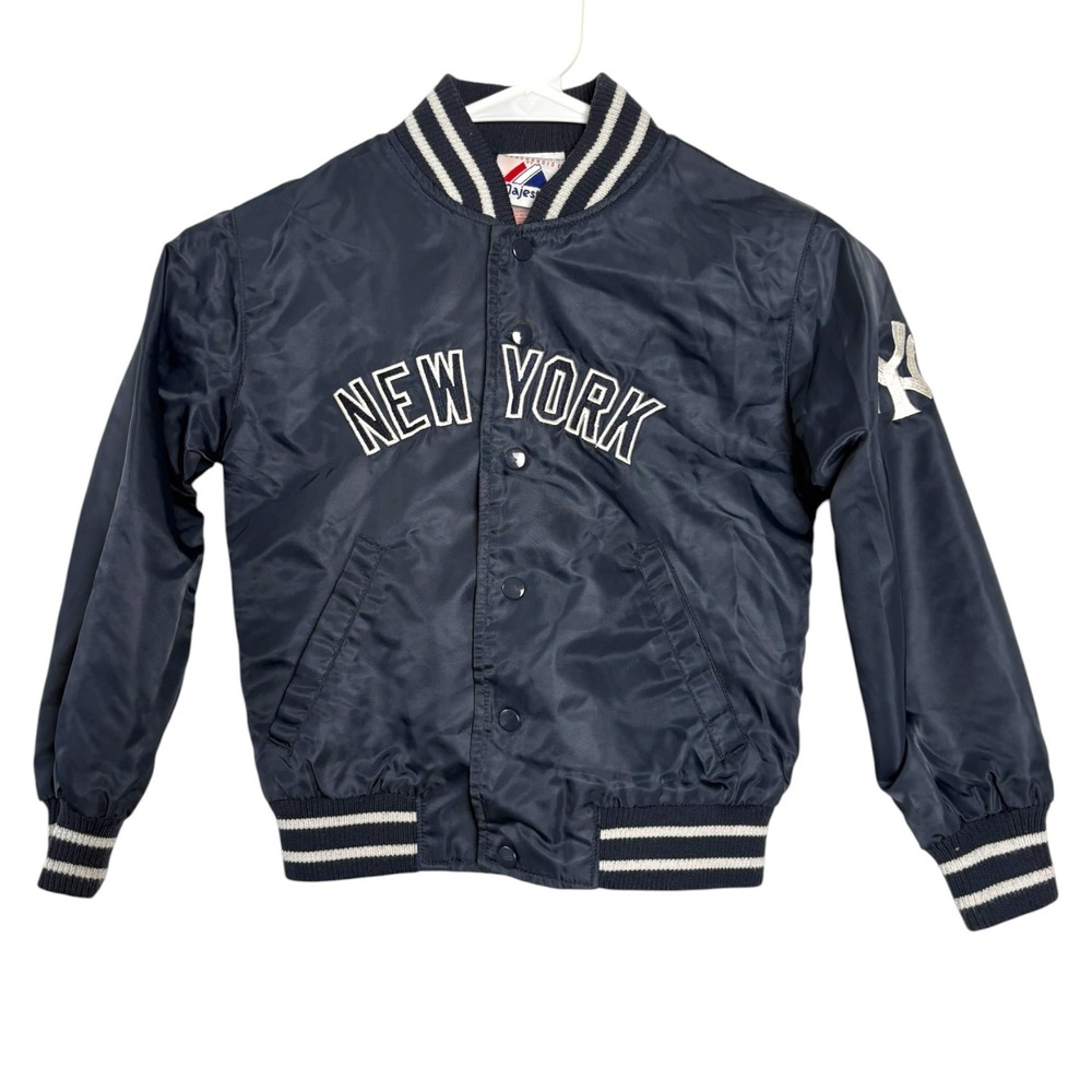 Vintage Majestic New York Yankees Kids Blue Satin Varsity Bomber Jacket Snap